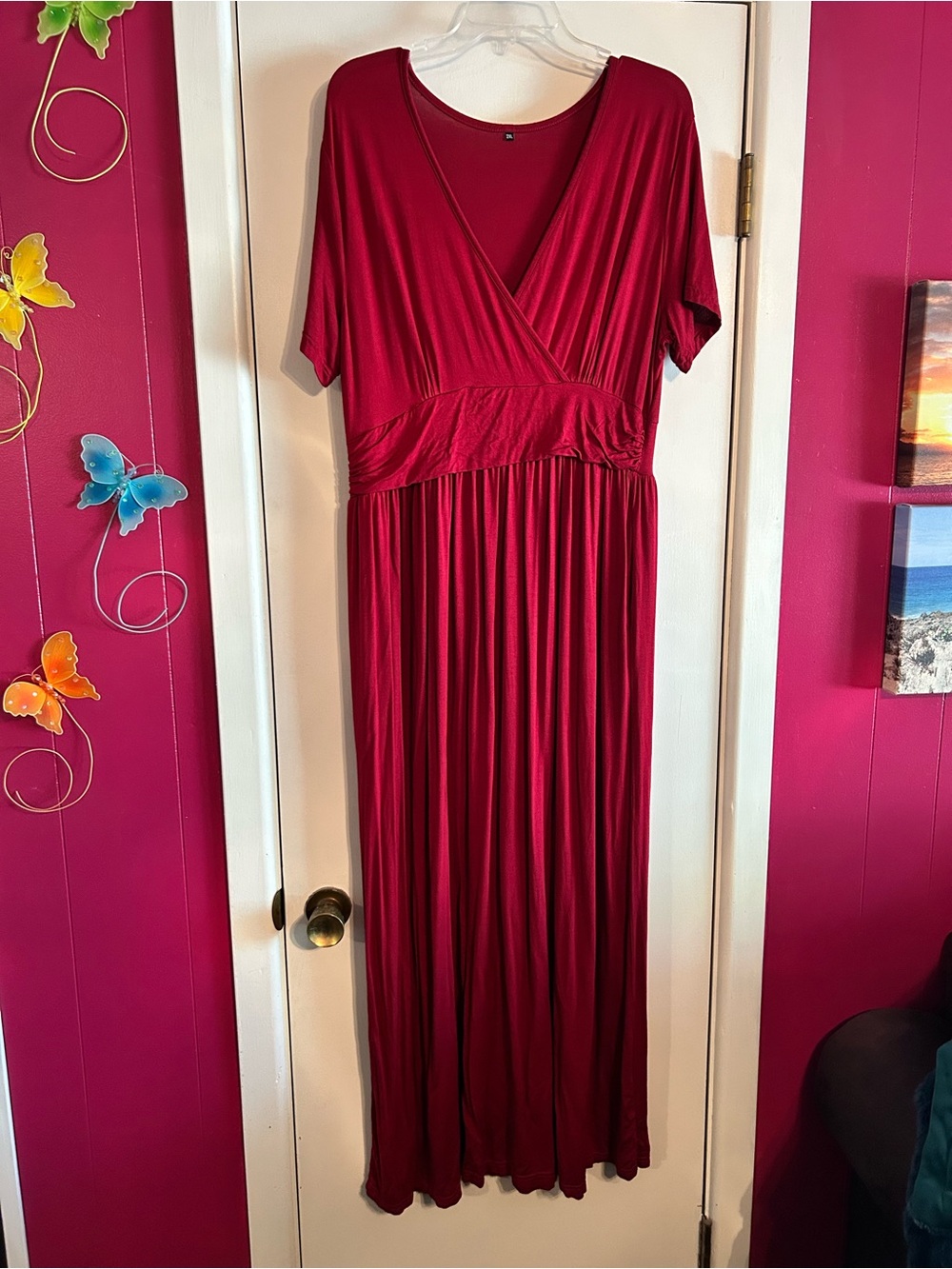 Deep Red V-Neck Maxi Dress with Empire Waist